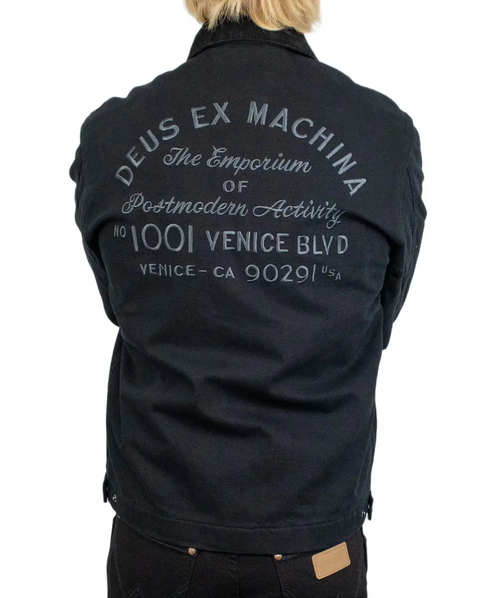 Deus Ex Machina Address Workwear canvasjacka i svart, baksida med Venice-adressen