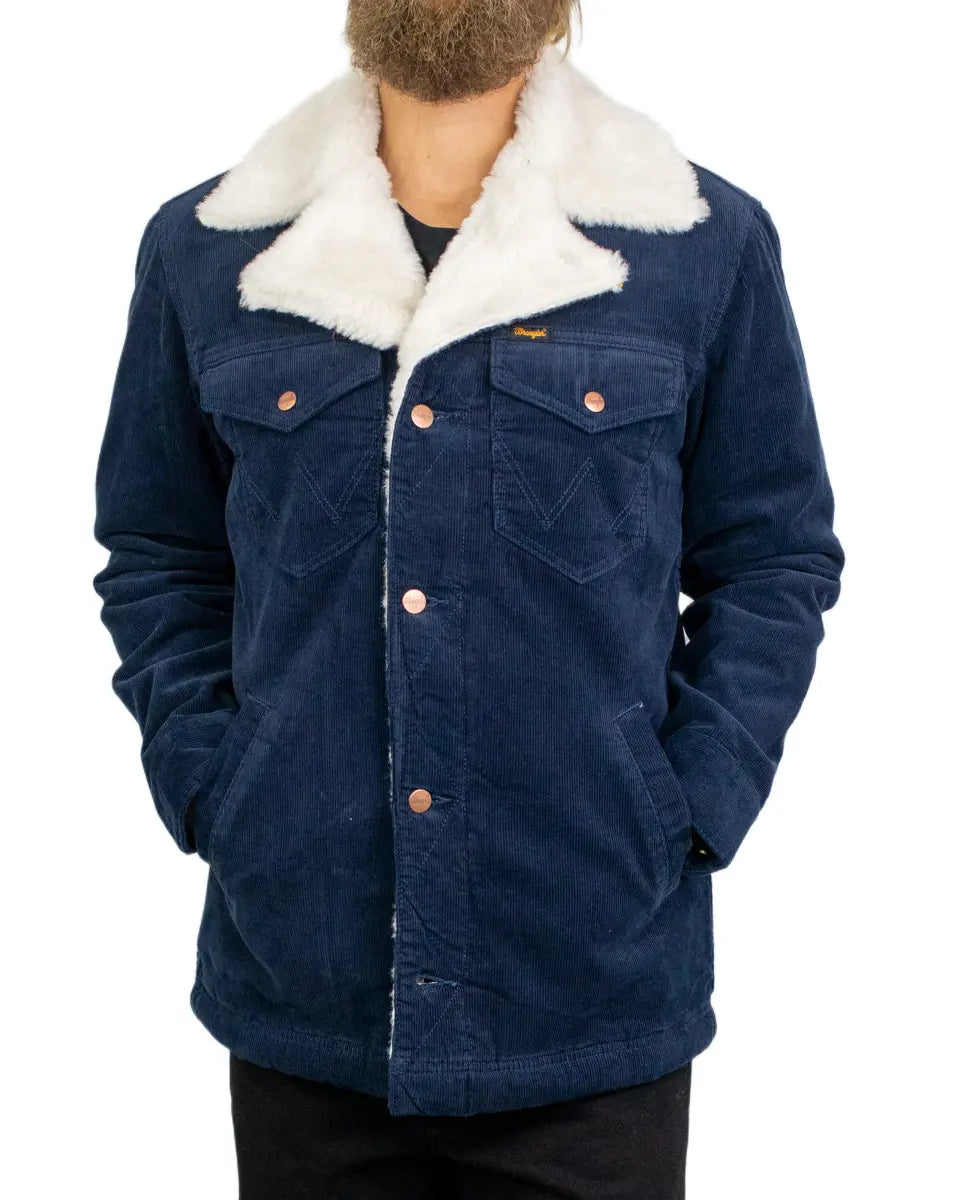 Wrangler Wrange Coat manchesterjacka i mörkblått, framsida med sherpakrage