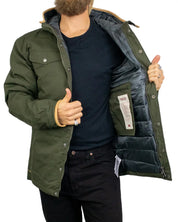 Fjällräven Greenland No. 1 Down Jacket i grön Deep Forest, öppen med dunfoder
